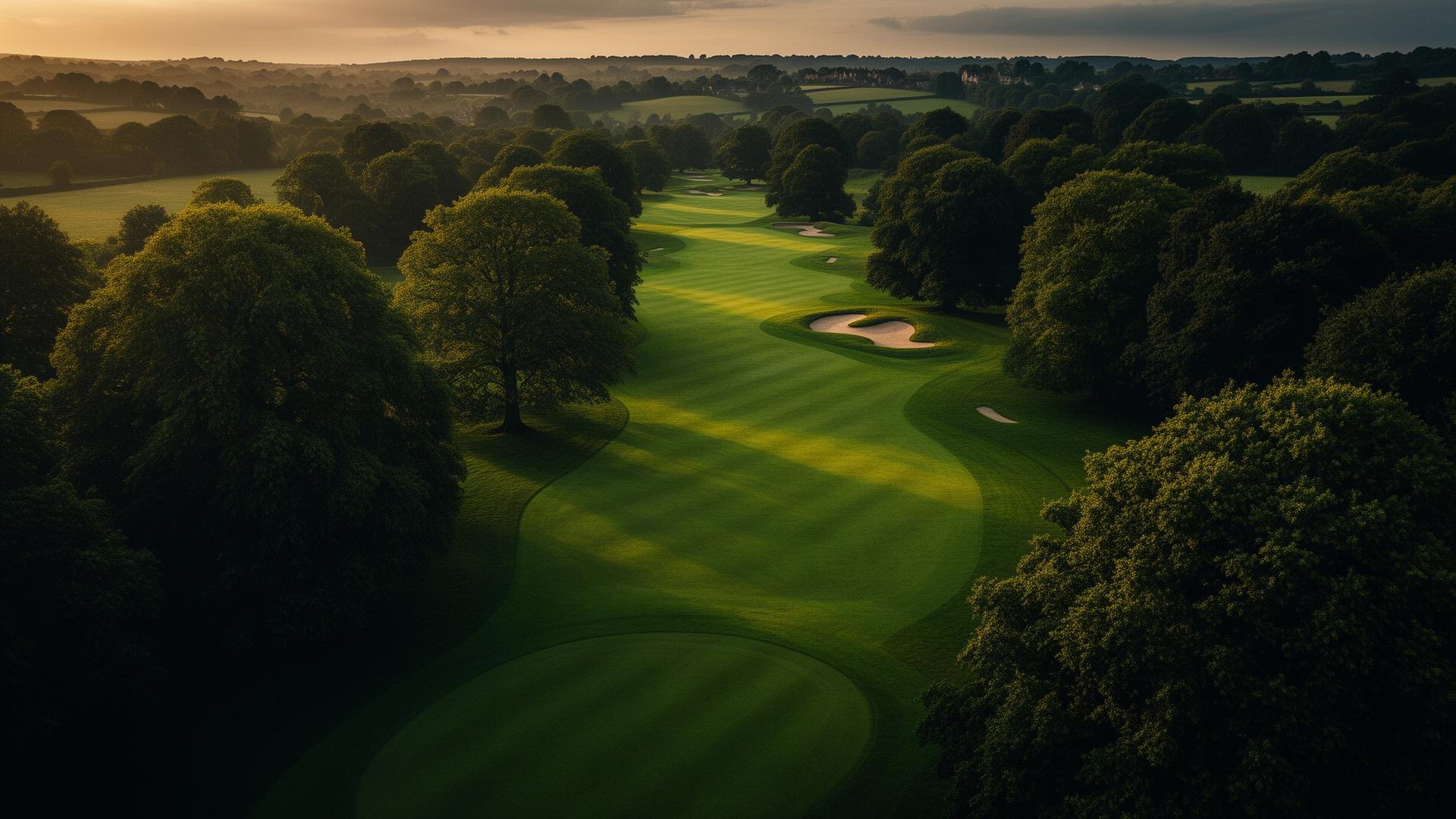 Aerial view of a Sheffield golf course at golden hour